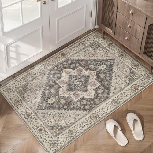 Image of Tangsoo 2x3 Washable Rugs for Entryway, Vintage Non Slip Small Area Rug, Farmhouse Indoor Front Door Rug, Door Mat Small Carpet, Soft Low Pile Entry Rug for Entrance Kitchen Bedroom Grey /Multi