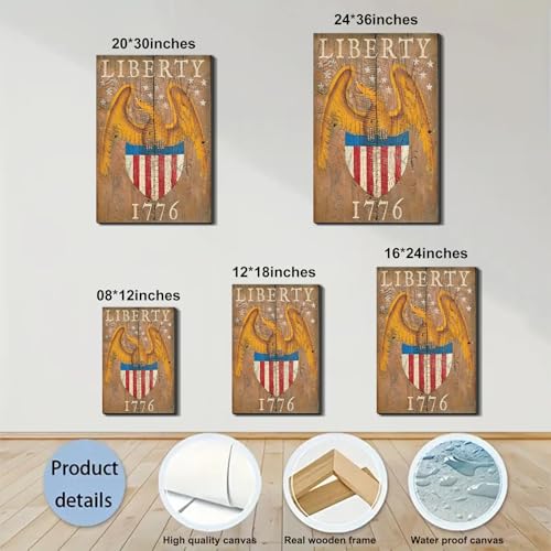 Image of Framed Liberty 1776 Bald Eagle Wall Art, Patriotic Vintage Canvas Art Pictures, USA Flag Wall Decor, Made in USA Ready to Hang for Office Man Cave