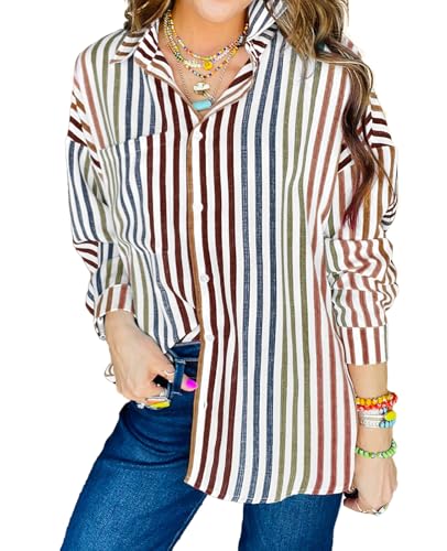 WHO IN SHOP Button Down Shirts for Women Stripe Colorful Boyfrien...