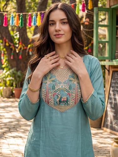 Image of INDO ERA Solid Straight Pure Cotton Kurta with Pant & Dupatta Set for Women