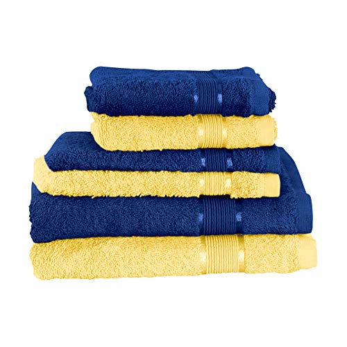 Mixibaby Juego de toallas de 6 piezas: 2 toallas de ducha, 2 toallas de invitados, 2 toallas de baño, color azul oscuro, combinado, color: vainilla amarillo Cover