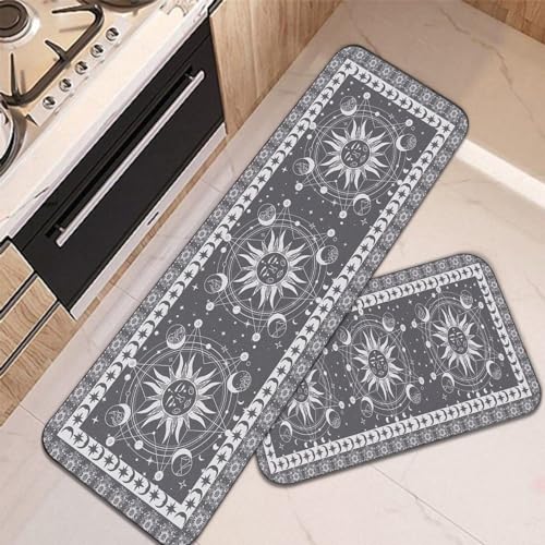Boho Celestial Kitchen Rugs Set of 2, Farmhouse Bohemian Occult Crescent Kitchen Rug, Washable Non-Slip Kitchen Floor Mats Kitchen Decor, 16"×24"+16"×47", Grey Grey Boho 16"x24" + 16"x47"