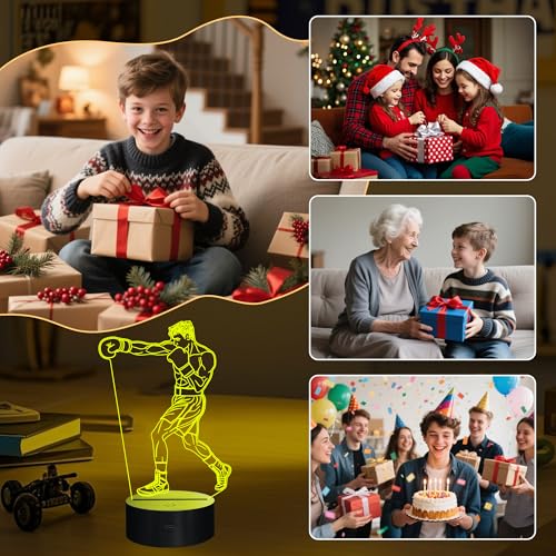 Image of OkiyiD Boxing Gifts for Men, 3D Boxing Night Light Illusion Lamp with 16 Colors Remote Control, Boxeo Stuff for Boys Men Birthday Xmas Decor