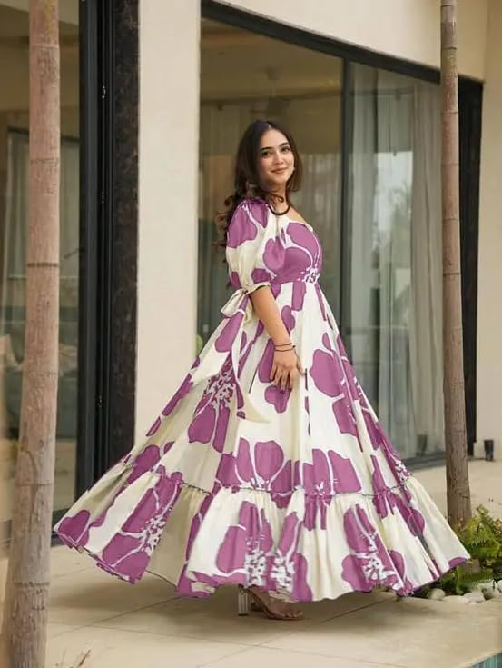 Image of Women Floral Printed Tiered Maxi Dress with Puff Sleeves, Empire Waist, Tie-Up Detail, Flared Long Dress for Casual Wear, Summer Outings, Vacation & Resort Wear - Causal Gown for Women