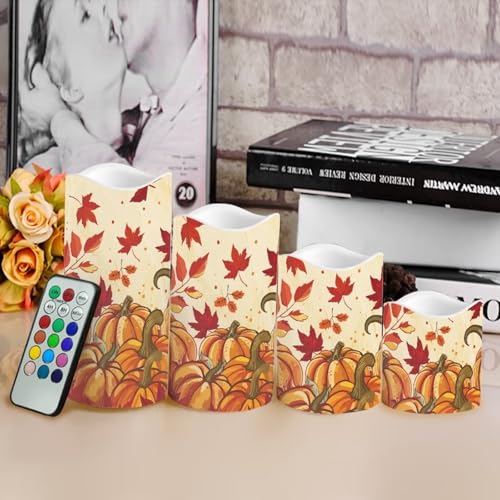 Image of Fall Maple Leaf Pumpkin Flickering Flameless Candles with Remote LED Pillar Candles Battery Operated with Timer Color Changing Electric Candles for Thanksgiving Day Home Kitchen Decor