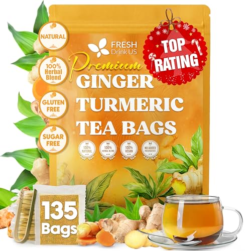 FreshDrinkUS, Premium 135 Turmeric Ginger Tea Bags, 100% Natural Ingredients,