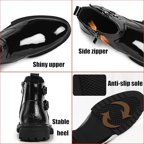 Men's Patent Leather Chelsea Ankle Boots with Zipper and Buckle Fashion Round Toe Lug Sole High Top Motorcycle Combat Boots Comfortable Casual Business Chukka Boots2