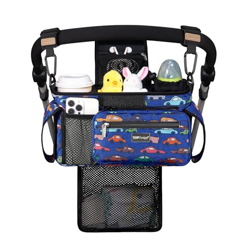 Image of TOPDesign Universal Baby Stroller Organizer, Stroller Caddy with Detachable Mesh Bag & Heightened Insulated Cup Holders & Non-Slip Secure Hooks Accessories, Fits Most Strollers (Cars)