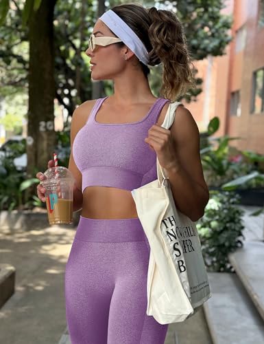 Image of OLCHEE Womens Workout Sets 2 Piece Seamless Square Neck Sports Bra Padded Butt Lifting Leggings High Waist Yoga Gym Outfits