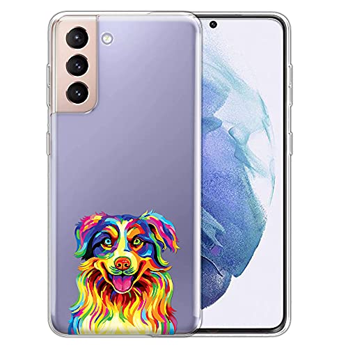 FINCIBO Clear Transparent TPU Silicone Protector Case Cover Soft Gel Skin Compatible with Samsung Galaxy S21+ Plus 6.7 inch 2021 - Original Colorful Canvas Aussie Australian Shepherd