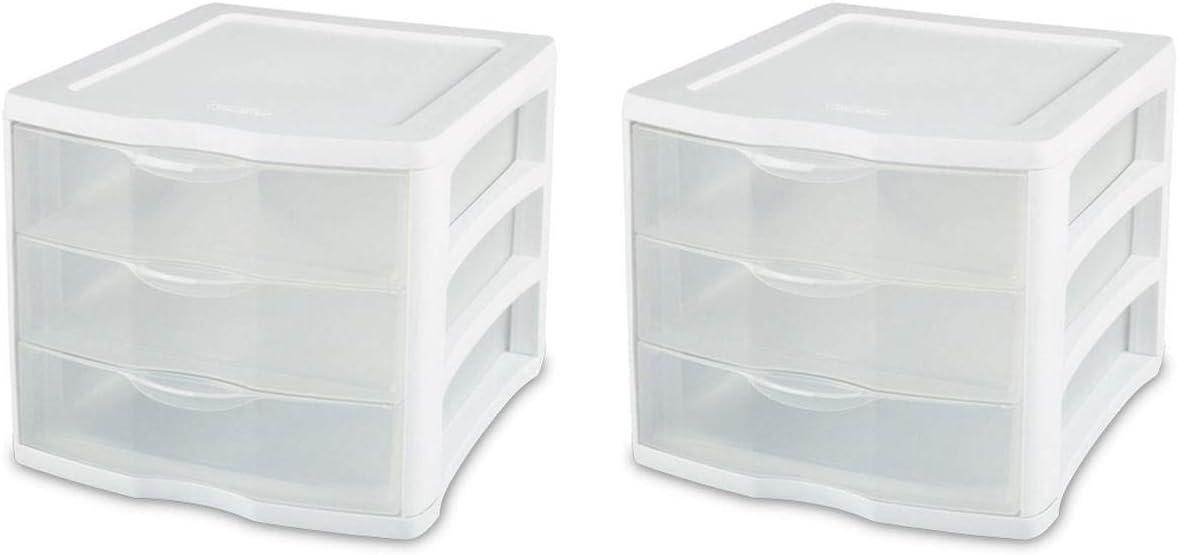 Sterilite 17918004 Compact Portable 3 Storage Drawer Organizer Cabinet (2 Pack)
