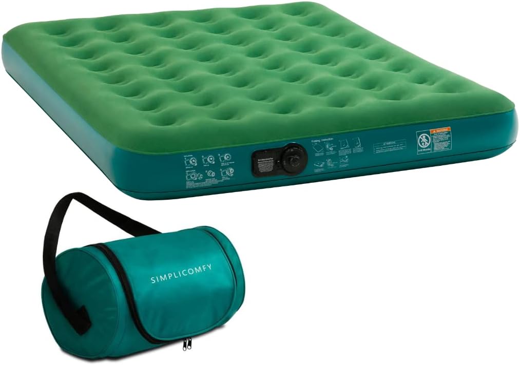 Simpli Comfy Queen Camping Air Mattress w/Patented Roller Bag & Built-in Battery Pump, Inflatable Durable Waterproof Blow Up Airbed, Perfect for Travel Camping Guests Comfortable Sleep at Home