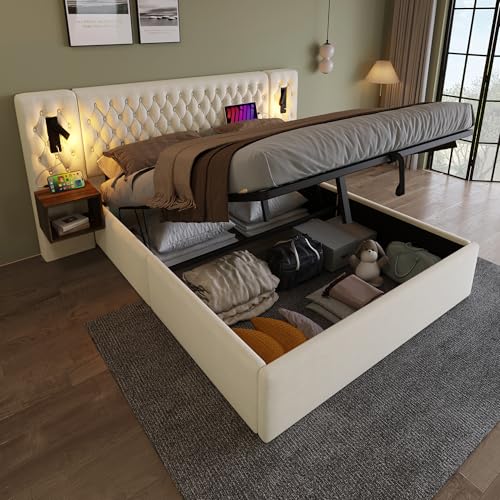 Terciopelo Conjunto de Dormitorio Completo, 160×200 cm Cama Doble Tapizada de con 2 Mesitas de Noche, Tapizada con Canapé Hidráulico, Cabecero con luz de Lectura y Función de Carga USB
