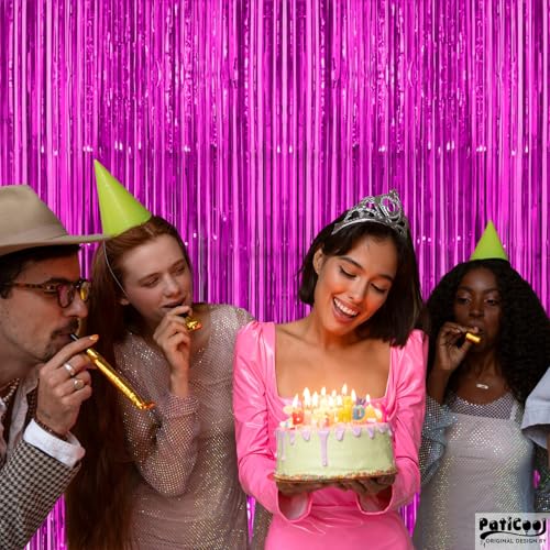 Image of Thicken Hawaiian Tinsel Fringe Backdrop Curtains 2 Pack 3.3 x 6.6 FT Hot Pink Streamers for Birthday, Luau Party Decorations