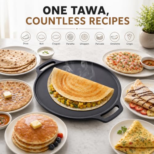 Image of GRIVAN Cast Iron Tawa for Roti & Dosa 12 Inch (30 cm) | Iron Dosa Tawa, Chapati Tawa, Uthappam Pan | Pre-Seasoned Cast Iron Cookware | Gas Stove & Induction Compatible (Black)