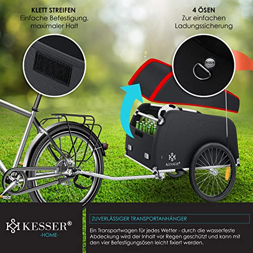 KESSER® Fahrradanhänger Lastenanhänger Transportanhänger Hochdeichsel mit Kupplung Hochdeichsel Anhänge für Fahrrad Transportbox 120 Liter Inkl. Regenschutz mit Klappfunktion & Fahne 40Kg Rot