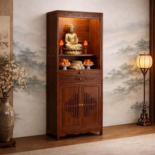 Mesa de altar de meditación de bambú macizo de 15 pulgadas con almacenamiento 7