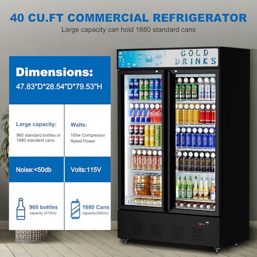 Image of Commercial Display Refrigerator Glass Door 40 cu.ft Commercial Beverage Refrigerators with LED and Shelves for Cafe, Restaurant, Store