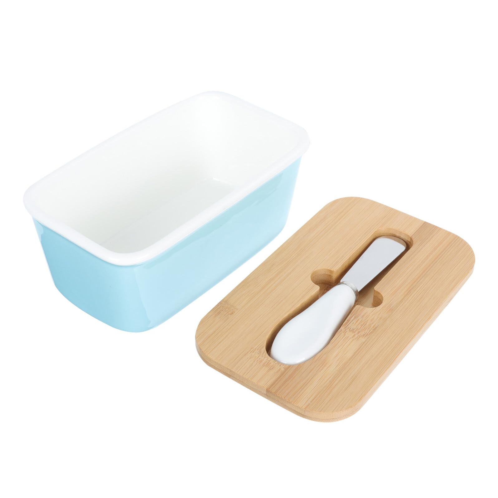 Veemoon Beurrier Rectangulaire en Céramique 600 Ml avec Couvercle Hermétique en Bois et Couteau Intégré Beurrier Décoratif pour Réfrigérateur Cuisine Conservation Optimale du Beurre et