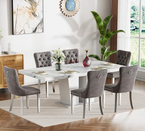 Henf 7 Pieces Faux Marble Dining Table Set for 6, 63