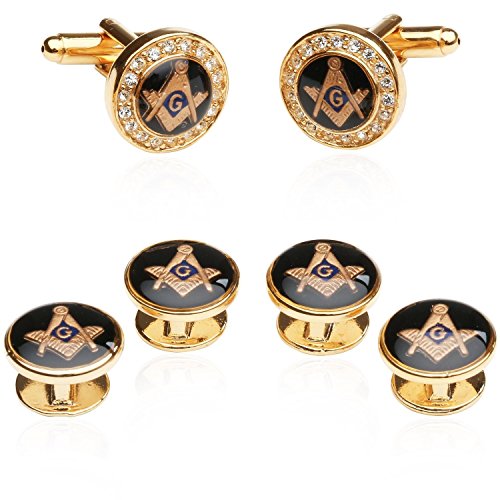 Mens Freemason Crystal Gold Tone Masonic Formal Set Cufflinks and Studs with Presentation Box