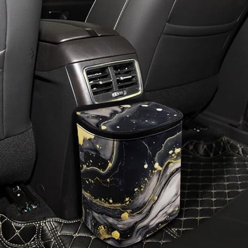 Image of Black Marble Car Trash Can with Lid,Leak-Proof Washable Auto Garbage Bag Interior Accessory Hanging Vehicle Trash Bin for Back Seat,Road Trip