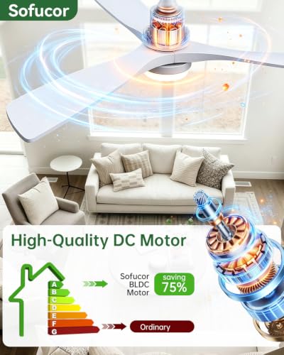 Image of Sofucor 52 Inch Wood Ceiling Fans with Lights and Remote, Modern, White | 3 Blade, Quiet Reversible DC Motor, 3CCT Dimmable, 6 Speed, Timer, Indoor /Covered Outdoor /Bedroom /Living Room /Patio /Kitchen