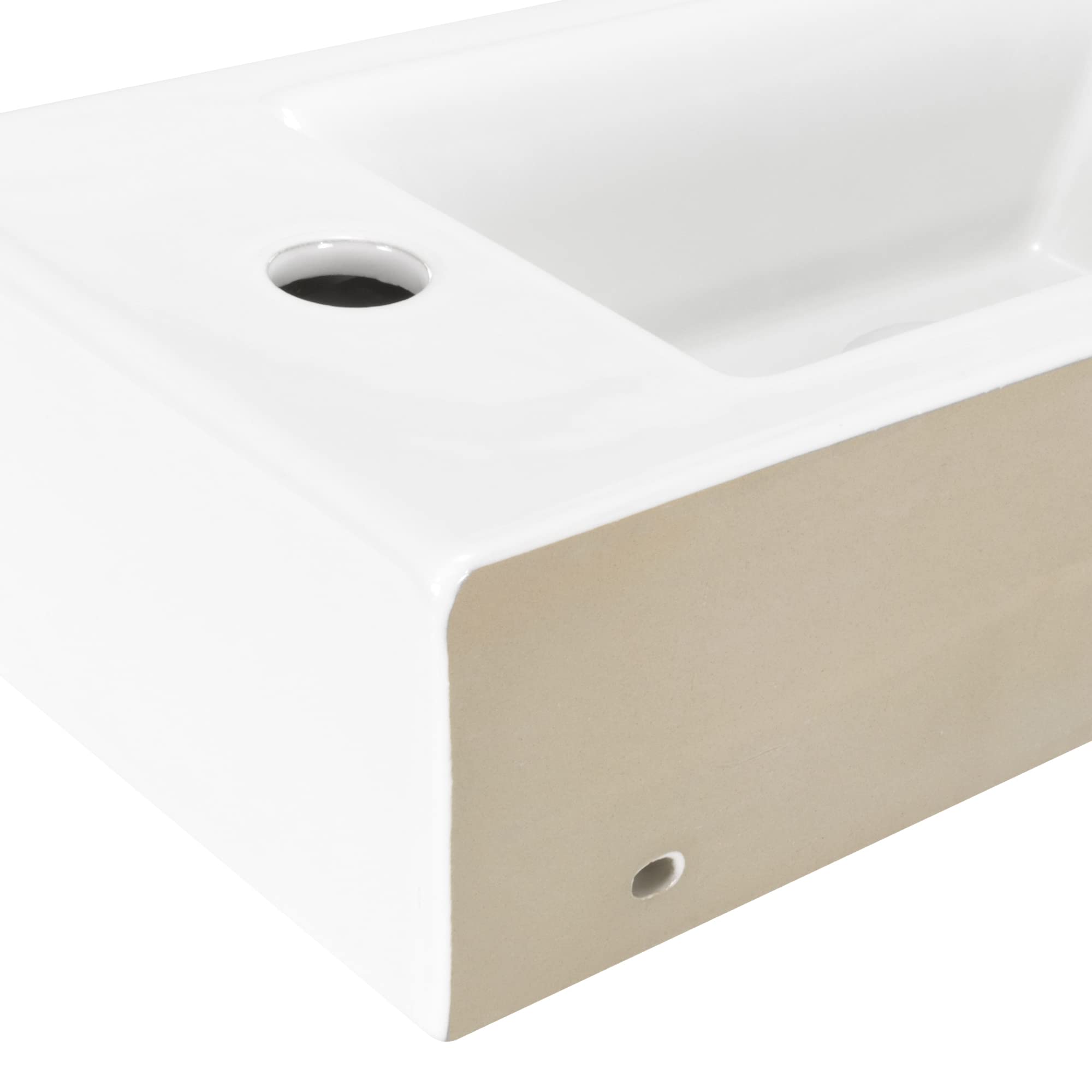 Lavabo sobre Encimera Rectangular en Ceramica Brillante VOMANO | 25x50x24 cm | Incluye Tapon "Pop Up" con Valvula de Desague Click Clack | Sin Taladro Grifo | Color Blanco