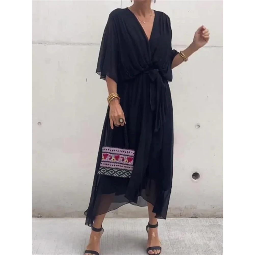Generisch Keepholdon Elegante y elegante vestido largo con cuello en V, vestido de playa de gasa para mujer, de cintura alta