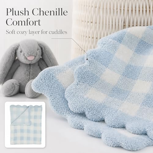 Image of Mud Pie Blue Gingham Chenille Blanket, Soft Baby Blanket for Nursery, Stroller and Shower Gift