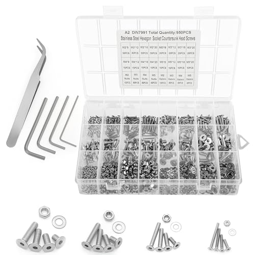 Belle Vous 950 Viti Svasate con Set di Bussole Esagonali - Kit Viti Testa Piatta Acciaio Inox M2, M3, M4 e Viti M5 con Custodia - Set di Bulloni e Dadi Per Fai-Da-Te e Riparazioni di Macchinari