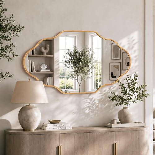 Image of Scalloped Gold Bathroom Mirror, Irregular Wall Decorative Mirror | Brushed Metal Frame, HD Glass Decorative Mirror for Wall Decor, Vanity Mirror for Living Room Entryway (24 inch x 36 inch, 1 Pack)