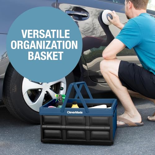 Image of CleverMade Collapsible Shopping Basket 32L - Folding Grocery Basket with Handles, Stackable Reusable Storage Crate with 35 lb Capacity, Recycled Plastic, Car Trunk Organizer - Ocean Blue