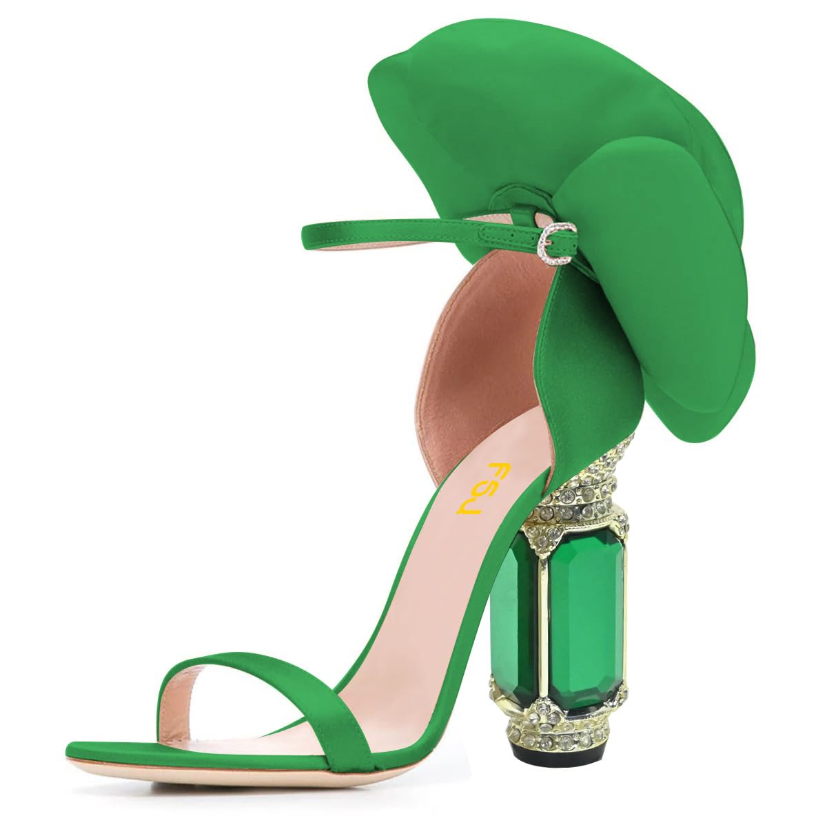 FSJ Women Open Toe Crystal Block Heels Sandals with Flower Bloom Back Ankle Strap Buckle Silk Satin Chunky Thick High Heels Wedding Party Shoes Size 4