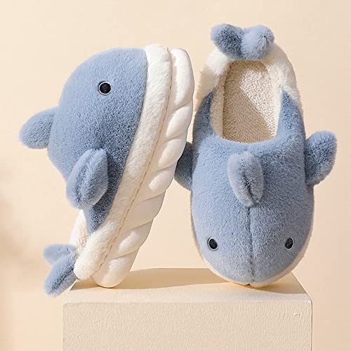 Soft Plush Whale Shark Fuzzy Slippers 1.6'' Heightening Soles for Women Men, Winter Faux Fur Cute Animal Couple Matching Home Slippers2