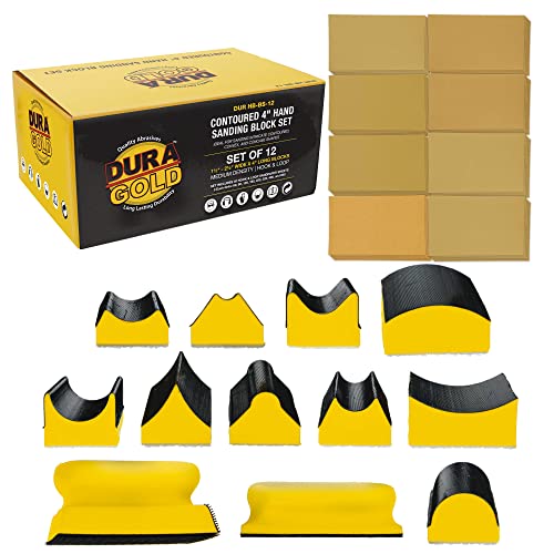 Dura-Gold 12-Piece Contoured Profile 4' Hand Sanding Block Set with 40 Sheet Hook & Loop Sandpaper Kit - Interchangeable Assorted Convex & Concave Shapes - Sand Wood Woodworking Furniture, Auto Paint
