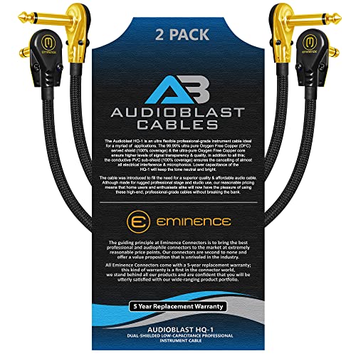 2 Units - 8 Inch - Audioblast Hq-1-Braid (Black) - Ultra Flexible -Dual Shielded(100%) -Instrument Effects Pedal Patch Cable W/Low-Profile, R/A Gold Pancake Ts(6.35Mm) Plugs & Dual Staggered Boots #TOP10