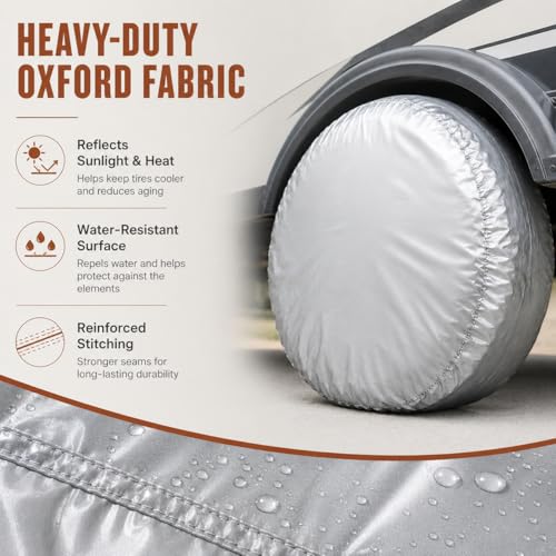 Image of Tire Covers 4 Pack, 30-32 Inch Waterproof Tire Covers for RV Camper Trailer | Protect RV tires from sun damage, cracking, dust, and weather during storage with durable covers featuring secure straps