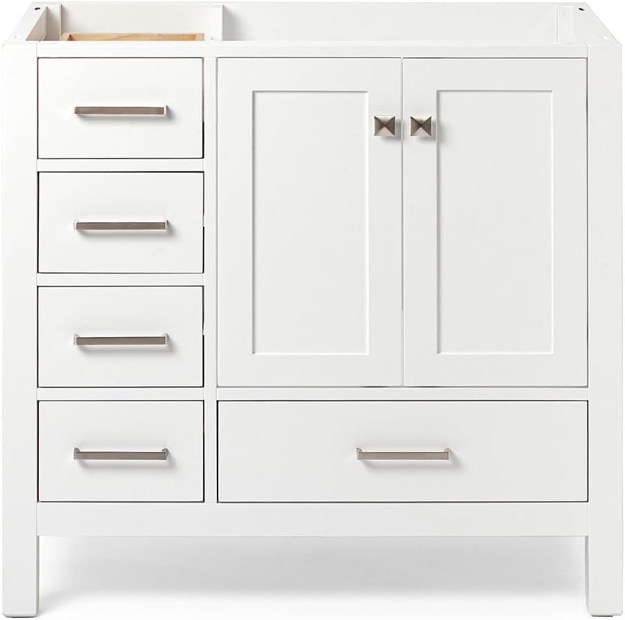 DKB Beckford 36-Inch White Single Bathroom Vanity Base Cabinet, Right Offset Sink, No Top, 2 Soft Closing Doors, 5 Dovetail Drawers, Brushed Nickel Hardware