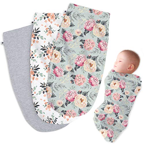 Image of Henry Hunter Baby Swaddle Sack | The Simple Swaddle | Soft Stretchy Cotton Swaddles for Newborns | Baby Swaddles 0-3 Months, Swaddle Blankets Baby Girl, Pack of 3, Peony | Bouquet | Light Heather
