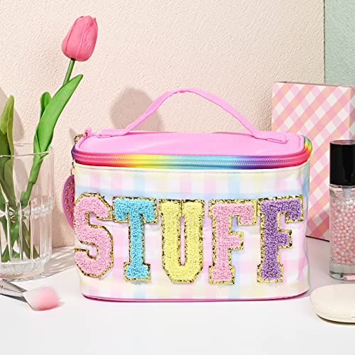 Soidram Makeup Bag Large Stuff Cosmetic Bag Preppy Travel Nylon Stoney Clover Dupes Letter Patches Cute Makeup Bag Organizer Toiletry Bag Box Rainbow Pink Makeup Brushes Storage Bag For Women #TOP6
