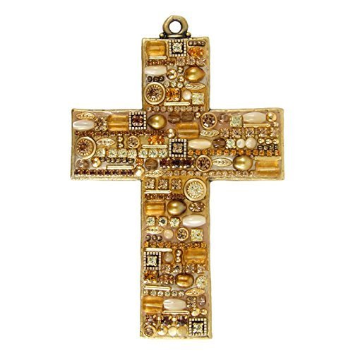 Michal Golan Golden Mosaic Wall Cross. Made with 24K Gold, Citrine, Pearls and Crystals. Luxe and Glamorous Home Decor.