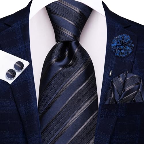 Image of Hi-Tie Men Silk Ties Set with Flower Lapel Pin Necktie Pocket Square Cufflinks for Tuxedo Wedding Business