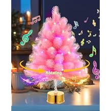 2FT Pink Rotating Christmas Tree with Music and LED Lights, 360 Spinning Tabletop Mini Xmas Tree with Base Christmas Decor for Small Space Home Office Desk
