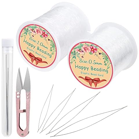 2 Pcs 65 Yards Elastic Bead Thread, 0.5mm,1.0mm Clear Elastic String Stretchy String Bracelets Beads Cord Bracelets String Crystal String With 3 Pcs Bead Needles Stretch Cord for Jewelry Making Cover