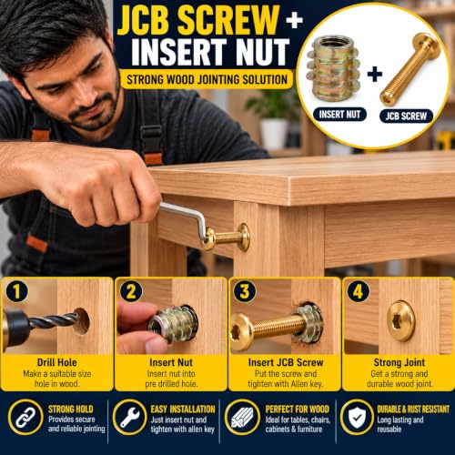 Image of By VP INDUSTRIES (Combo - 10 Pcs) M6x20 Allen JCB Screw Wood Insert Nut | M6x20 Allen JCB screw with wood insert nut for furniture assembly, cabinets, chairs, beds and wood boards.