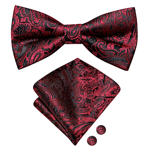 Image of Hi-Tie Pre-Tied Bowties for Men Silk Bow Ties and Pocket Square Cufflinks Set Mens Wedding Party Formal,Black Red Paisley