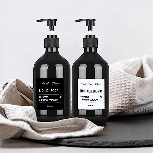 4 Stück Nachfüllbare Leere Shampooflaschen, 500 ml Seifenspender Flaschen, Kunststoff Pumpflaschen Lotionspender für Flüssigseife Shampoo Conditioner Duschgel, Aufkleber. (Schwarz)