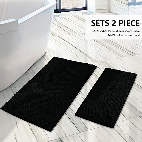 Image of Bathroom Rugs Sets 2 Piece, Extra Soft Chenille Bath Mat Ultra Absorbent Bathroom Rug, Bathroom Mat with Sturdy PVC Non-Slip Bottom, Machine Washable Bath Rugs (20x32 Inch + 16x24 Inch, Black)