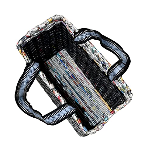 Image of Paperus Re-usable Small Black Check Carry Bag, Shopping Bag, Handbag, Tiffin Basket, Lunch Bag, Eco-friendly, Handmade, of Paper Ropes 11 In Tall 10 In Length 5 In Wide Base